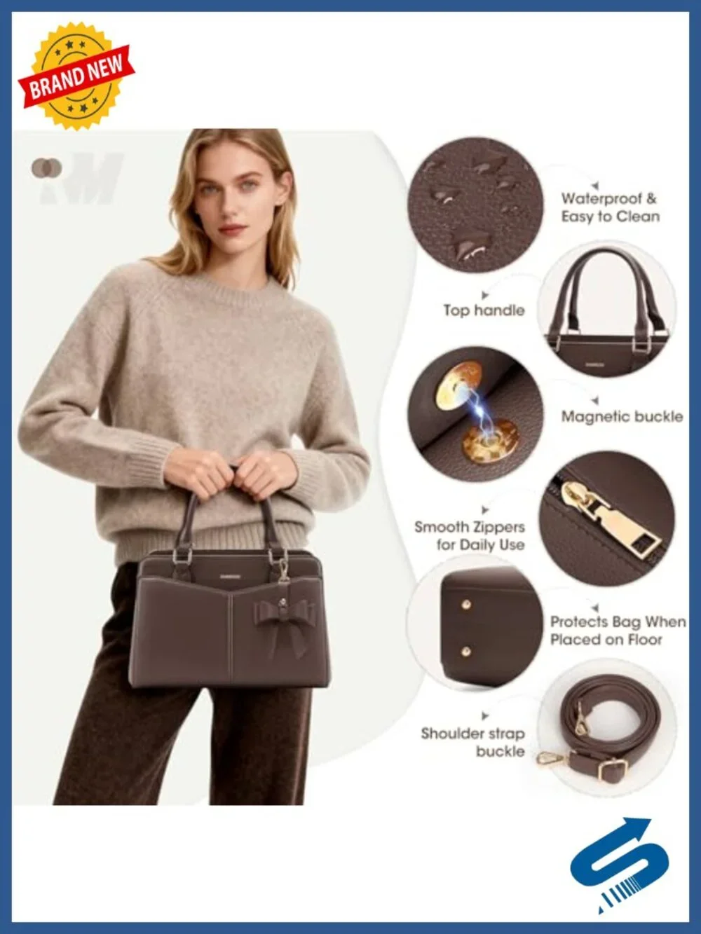 PU Leather Satchel Purse Structured Work Handbag with Bowknot and Shoulder